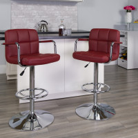 Flash Furniture Contemporary Burgundy Quilted Vinyl Adjustable Height Bar Stool with Arms and Chrome Base CH-102029-BURG-GG